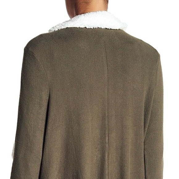 SUSINA Olive Green Faux Fur Trimmed Shawl Collar Draped Open Front Cardigan - Picture 5 of 12
